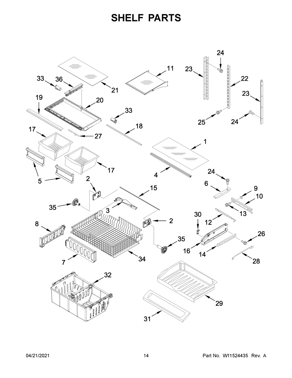 Shelf Parts Diagram and Parts List for WRF535SWHZ06  Whirlpool Refrigerator