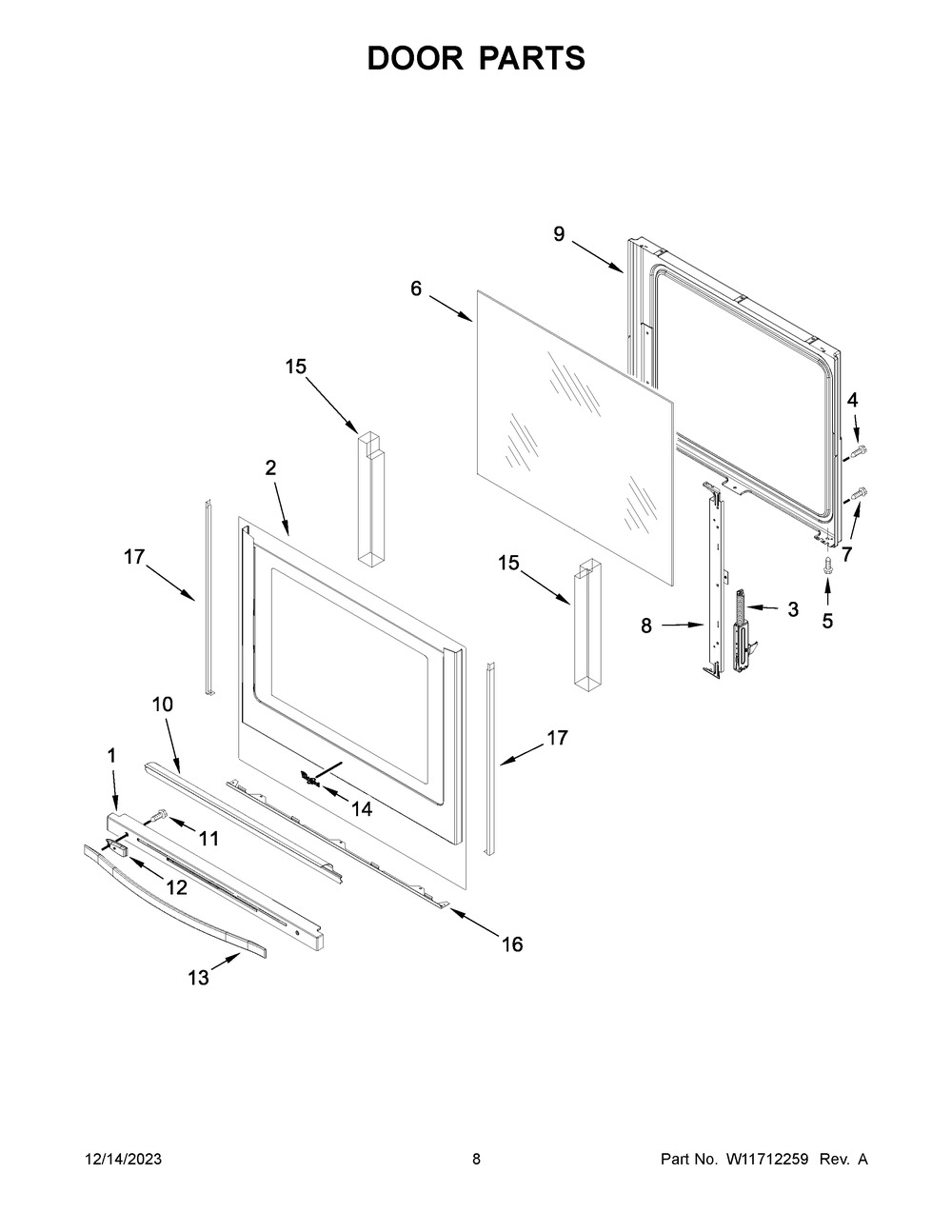 Door Parts Diagram and Parts List for YWFE745H0FH6  Whirlpool Range