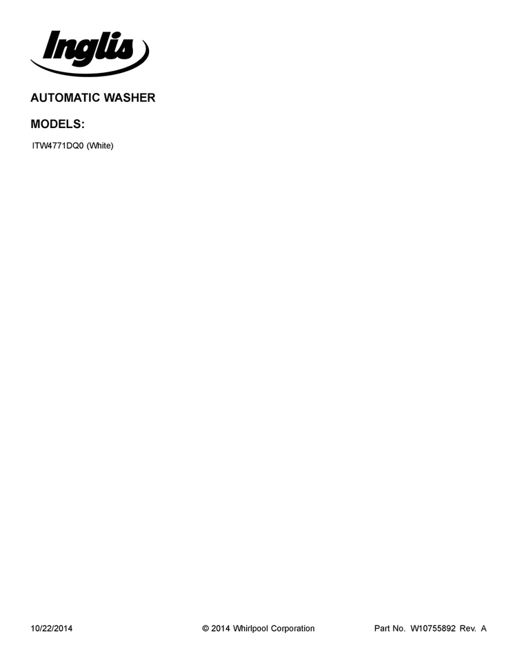 Cover Sheet Diagram and Parts List for ITW4771DQ0  Inglis Washer