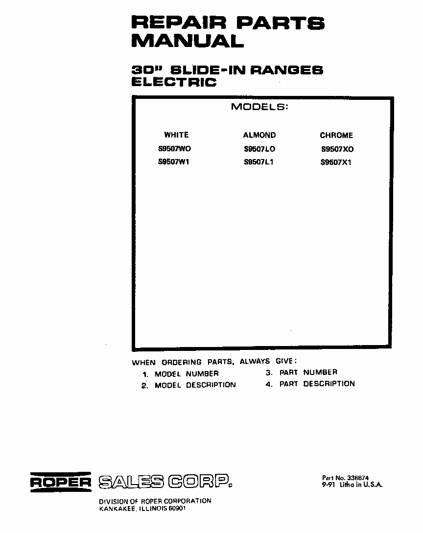 Front Cover Diagram and Parts List for S9507*0  Roper Range