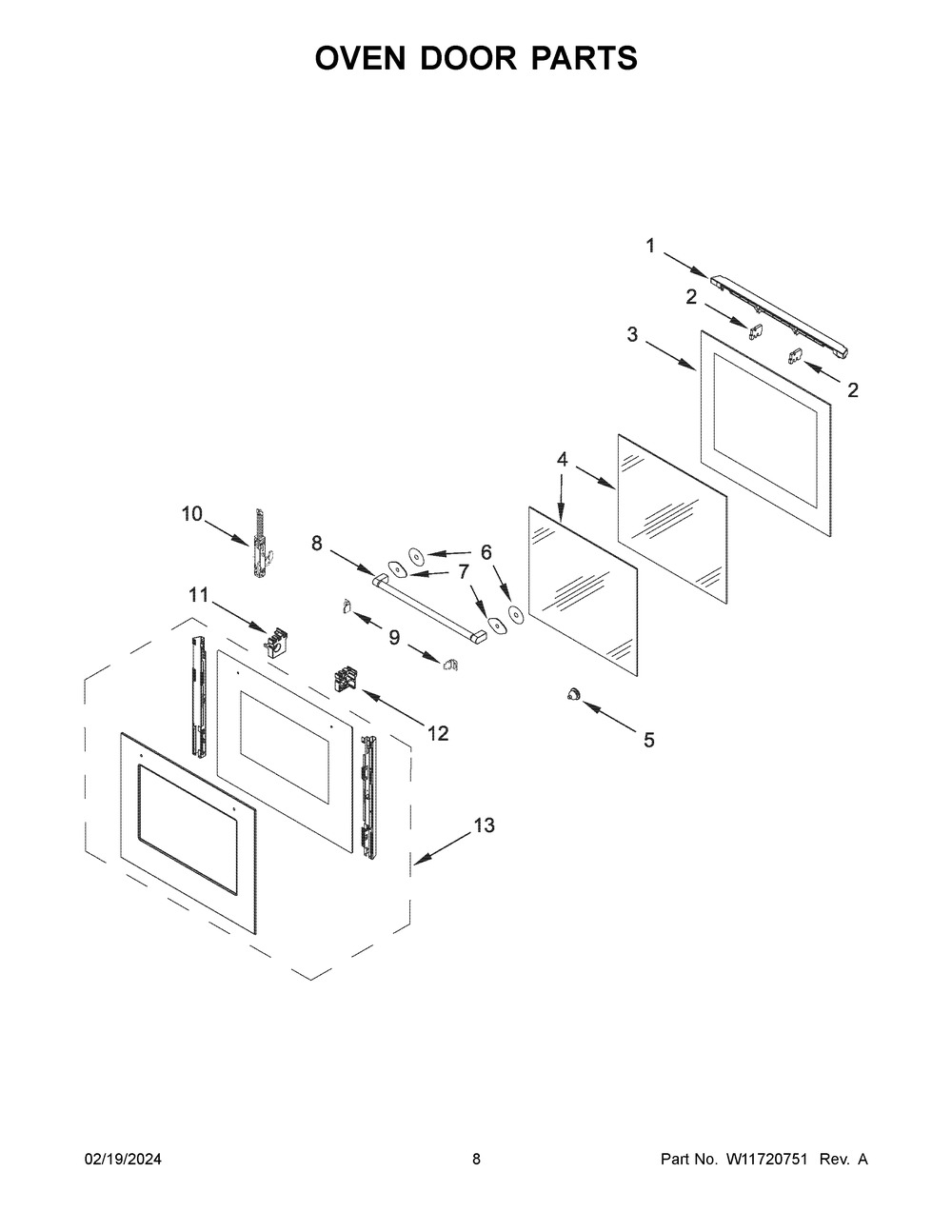 Oven Door Parts Diagram and Parts List for YKOSC504PPS00  KitchenAid Wall Oven