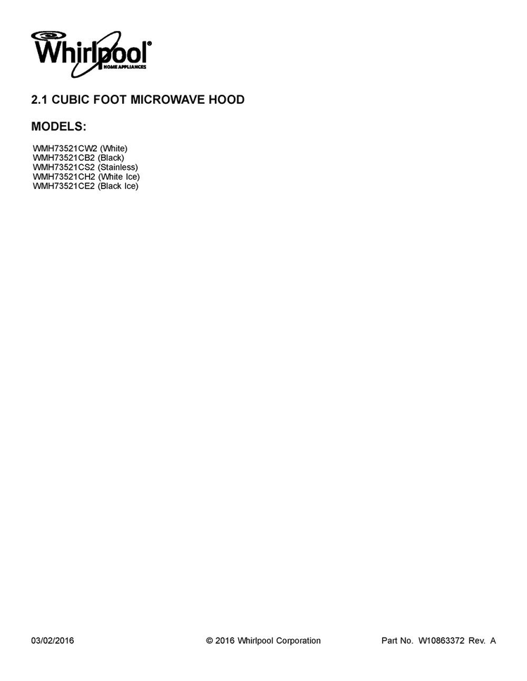 Cover Sheet Diagram and Parts List for WMH73521CH2  Whirlpool Microwave