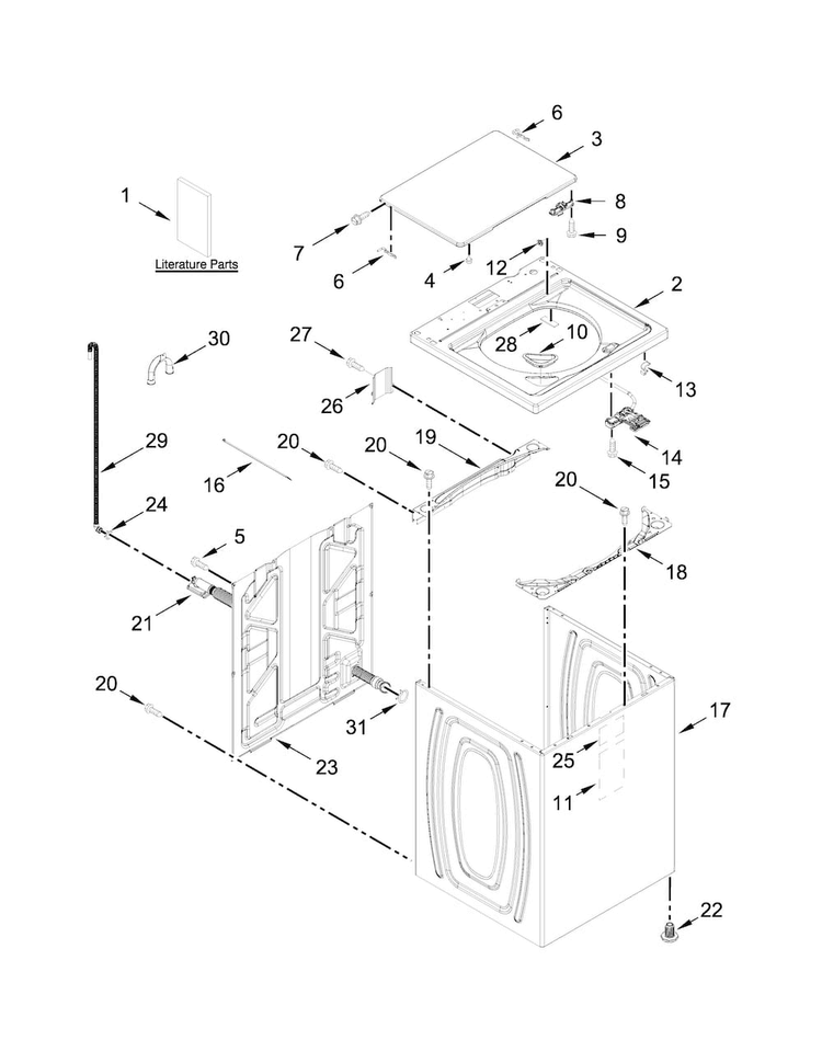 Top And Cabinet Parts Diagram and Parts List for 11022352510  Kenmore Washer
