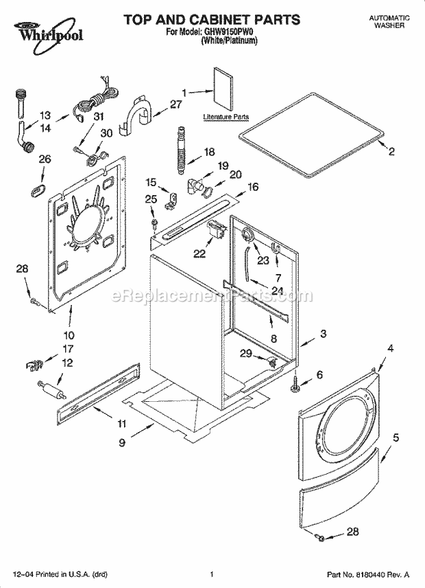 TOP AND CABINET PARTS Diagram and Parts List for GHW9150PW0  Whirlpool Washer