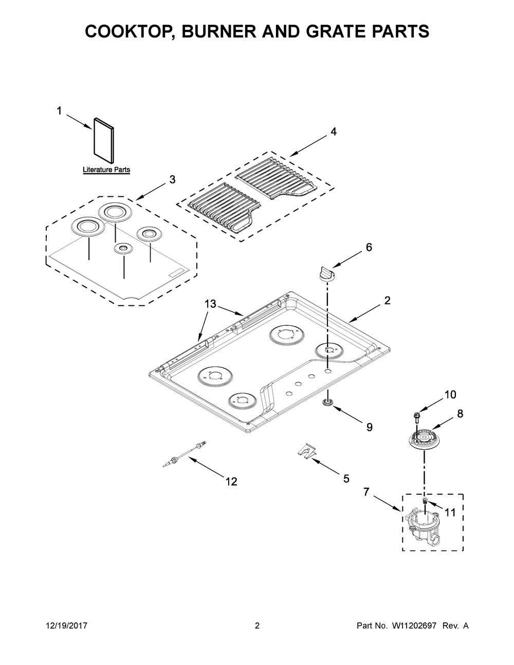 Cooktop, Burner And Grate Parts Diagram and Parts List for WCG55US0HW00  Whirlpool Cooktop