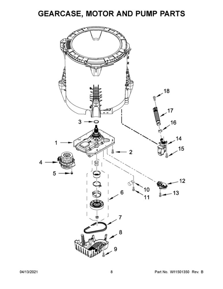 Gearcase, Motor And Pump Parts Diagram and Parts List for 11031312021  Kenmore Washer