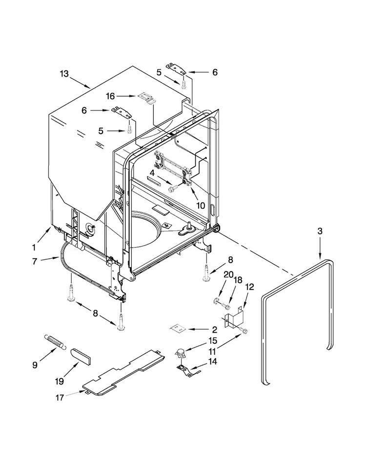 Tub And Frame Parts Diagram and Parts List for WDF530PLYB6  Whirlpool Dishwasher