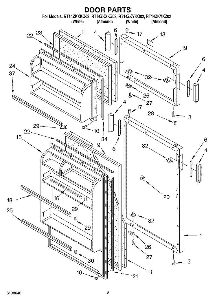 DOOR PARTS Diagram and Parts List for RT14ZKYKZ02  Roper Refrigerator