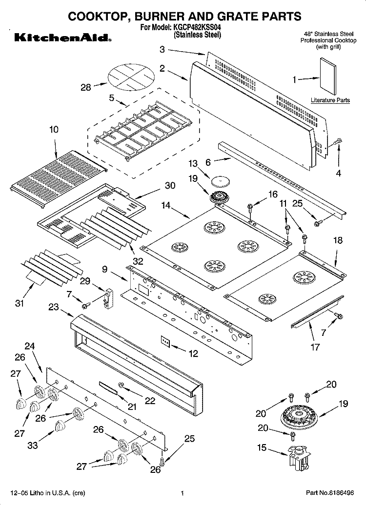 COOKTOP, BURNER AND GRATE PARTS Diagram and Parts List for KGCP482KSS04  KitchenAid Cooktop