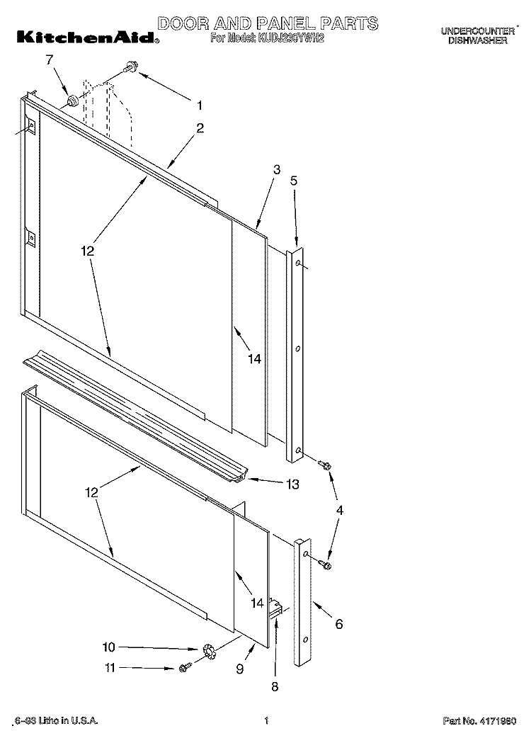 DOOR AND PANEL Diagram and Parts List for KUDJ230YWH2  KitchenAid Dishwasher