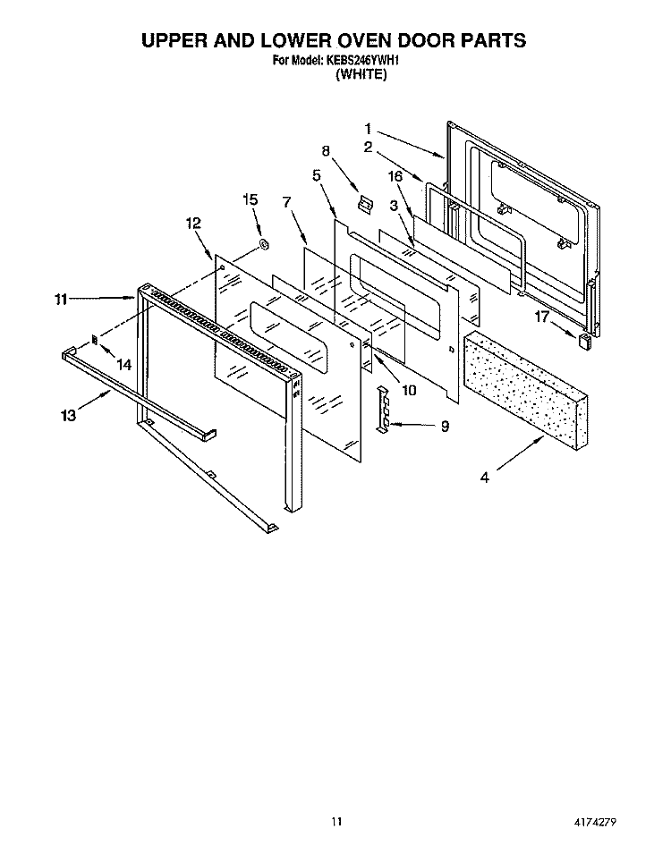 UPPER AND LOWER OVEN DOOR Diagram and Parts List for KEBS246YWH1  KitchenAid Wall Oven