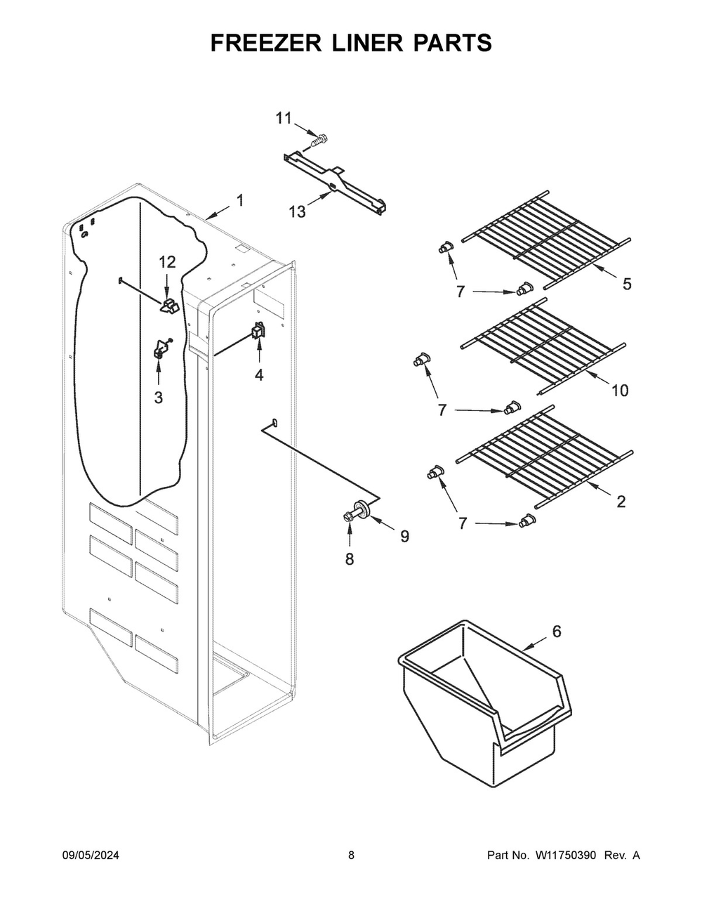 05 - Freezer Liner Parts Diagram and Parts List for WRS311SDHM12  Whirlpool Refrigerator