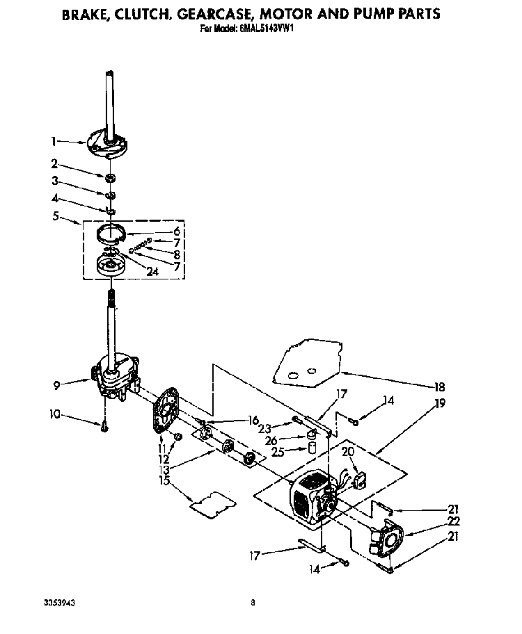 Brake, Clutch, Gearcase, Motor And Pump Diagram and Parts List for 6MAL5143VW1  Whirlpool Washer