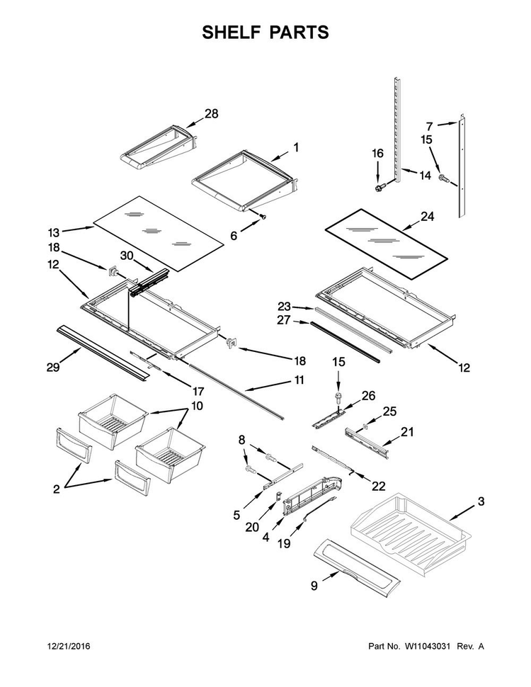 Shelf Parts Diagram and Parts List for WRF555SDHV00  Whirlpool Refrigerator