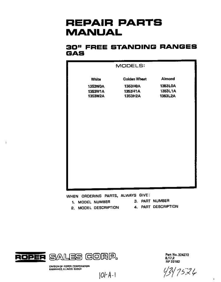 Cover Page-text Only Diagram and Parts List for 1353*2A  Roper Range