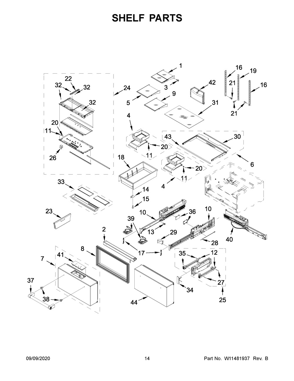 Shelf Parts Diagram and Parts List for KRMF706EBS04  Whirlpool Refrigerator