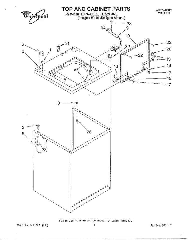 Top And Cabinet Diagram and Parts List for LLR9245DQO  Whirlpool Washer