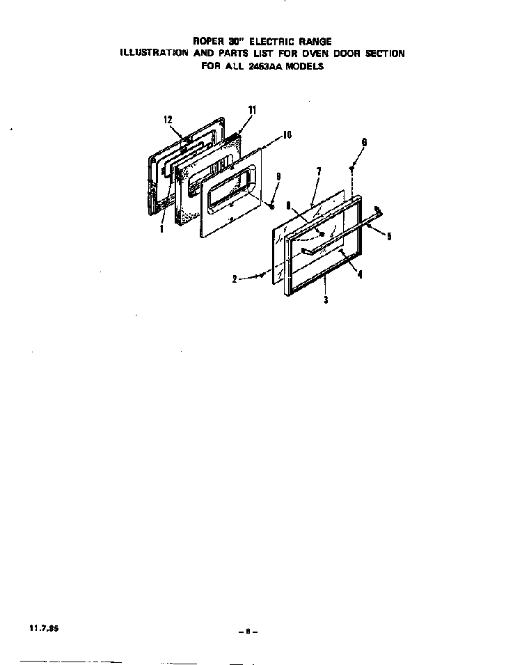 Oven Door Diagram and Parts List for 2453*AA  Roper Range