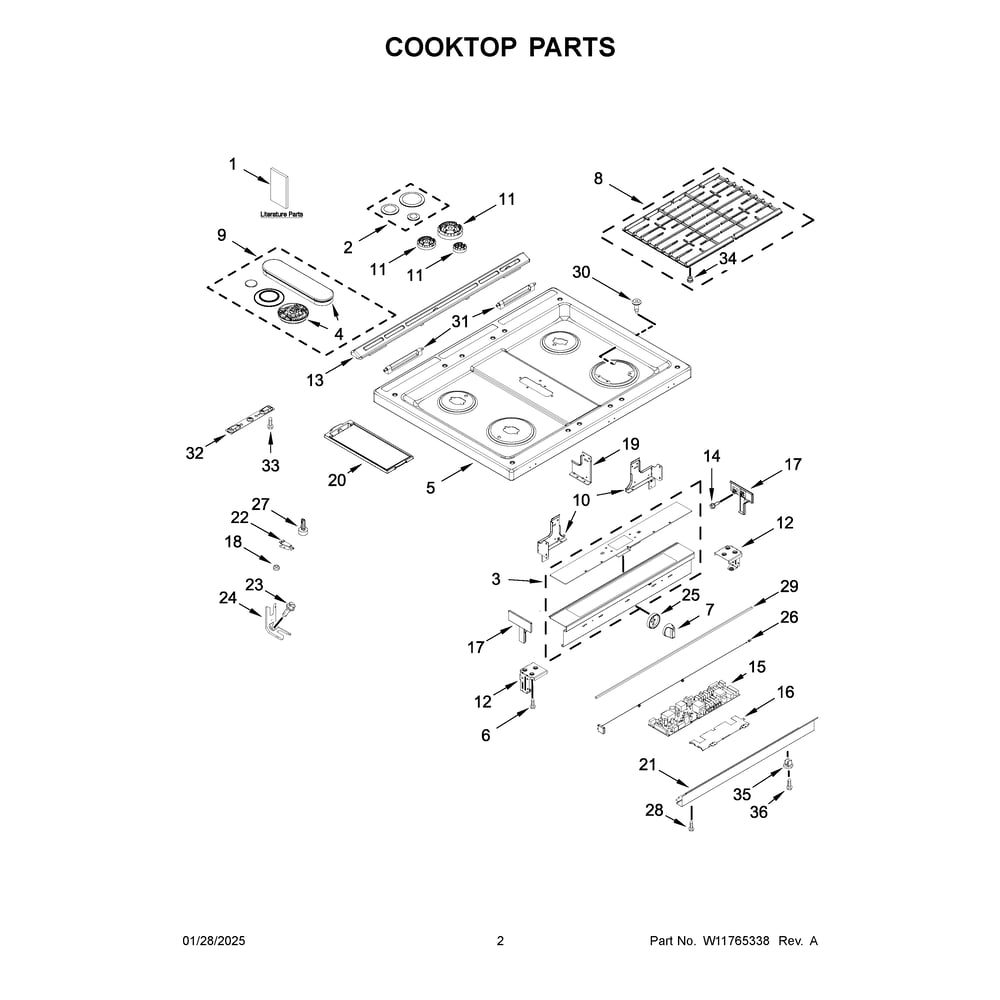 Cooktop Parts Diagram and Parts List for WEG750H0HB7  Whirlpool Range
