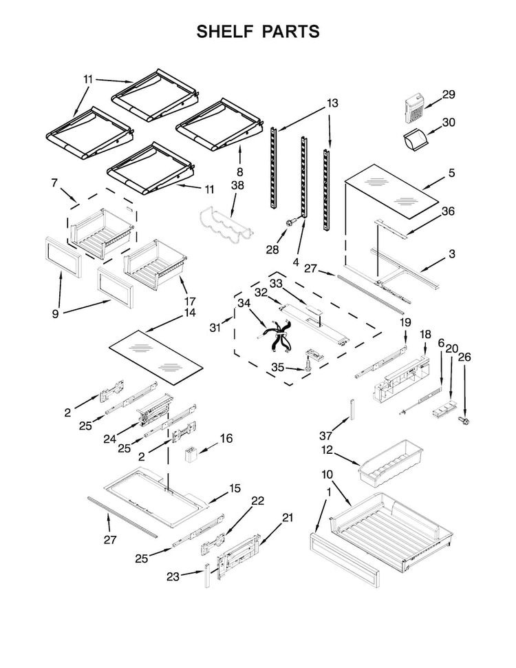 Shelf Parts Diagram and Parts List for KFIS29PBMS02  KitchenAid Refrigerator