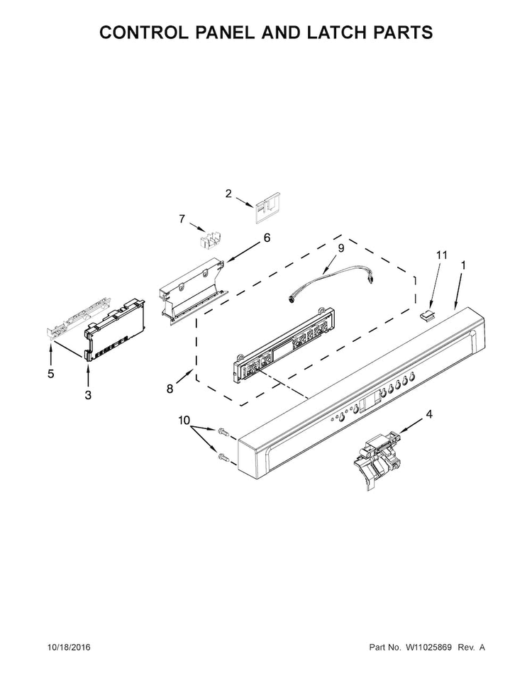 Control Panel And Latch Parts Diagram and Parts List for WDF760SADB3  Whirlpool Dishwasher