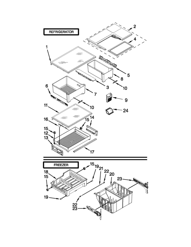 Shelf Parts Diagram and Parts List for WRF560SMYH00  Whirlpool Refrigerator