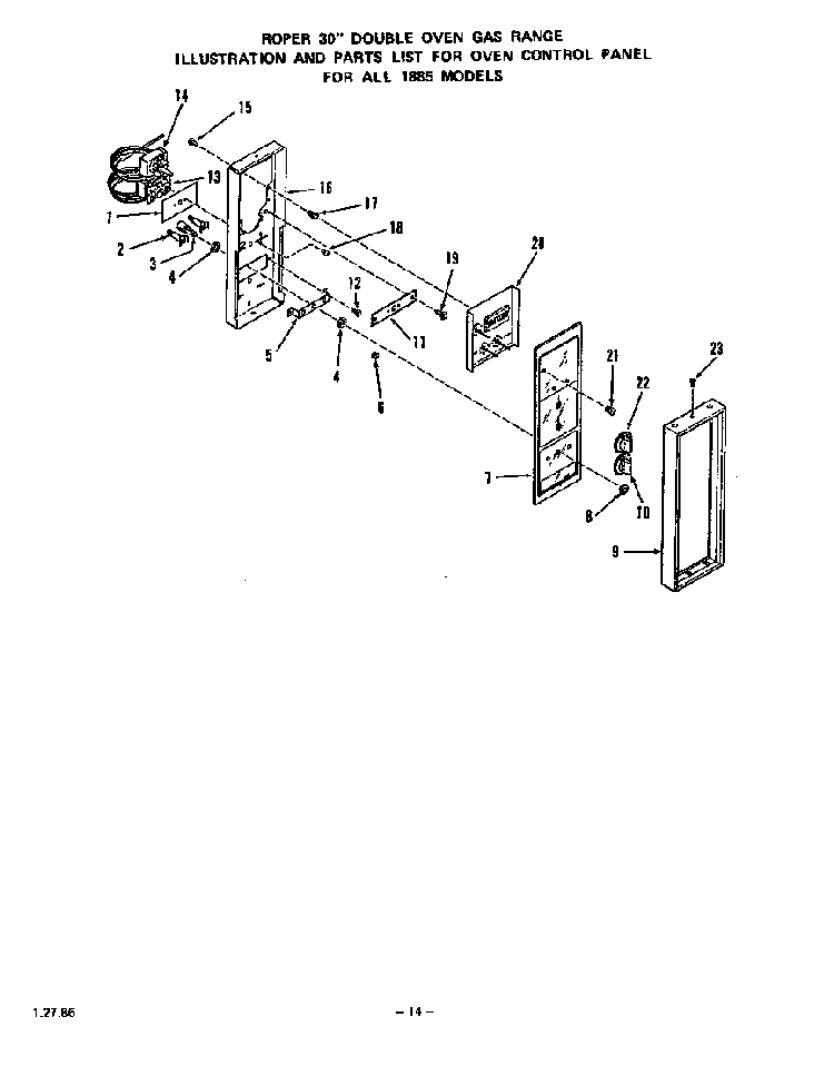 Oven Control Panel Diagram and Parts List for 1885*0A  Roper Range