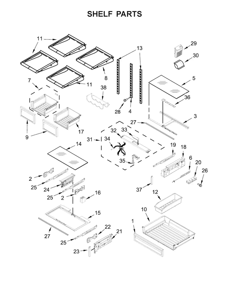 Shelf Parts Diagram and Parts List for KFIV29PCMS03  KitchenAid Refrigerator
