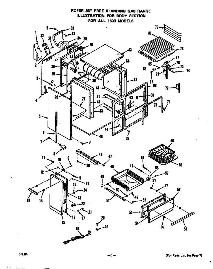 Body Diagram and Parts List for 1633*2A  Roper Range