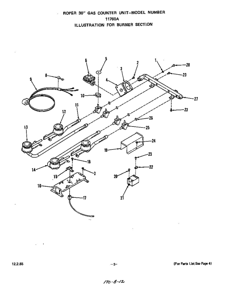 Burners Diagram and Parts List for 1176*0A  Roper Cooktop
