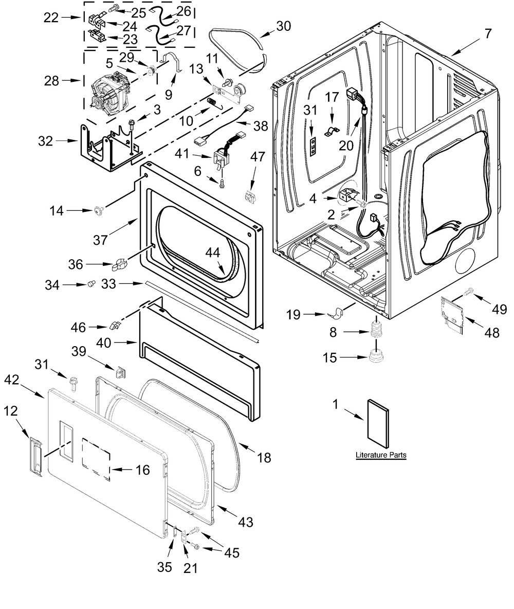 Lower Cabinet And Front Panel Parts Diagram and Parts List for MLE26PRFZW0  Whirlpool Dryer