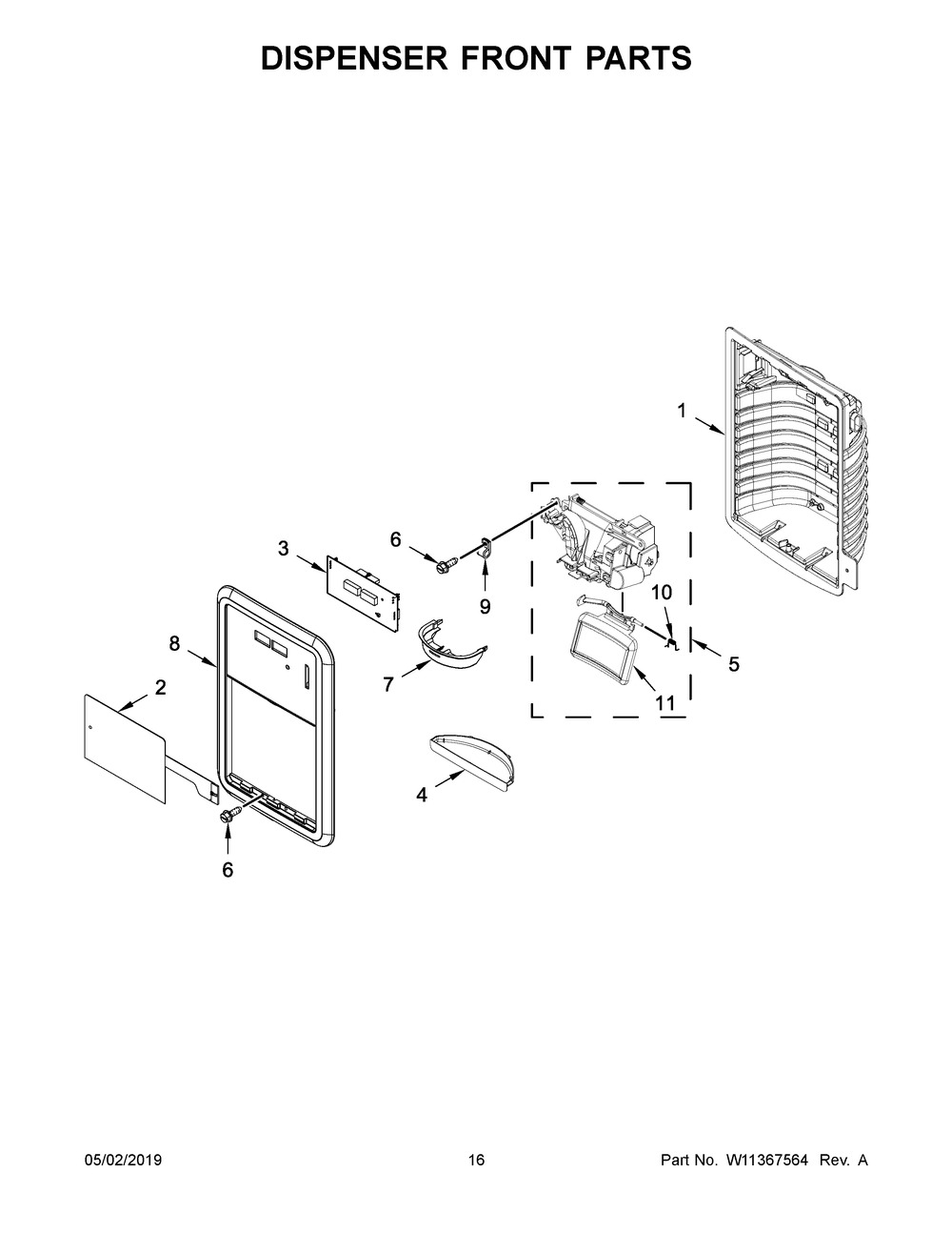 Dispenser Front Parts Diagram and Parts List for WRF550CDHZ02  Whirlpool Refrigerator
