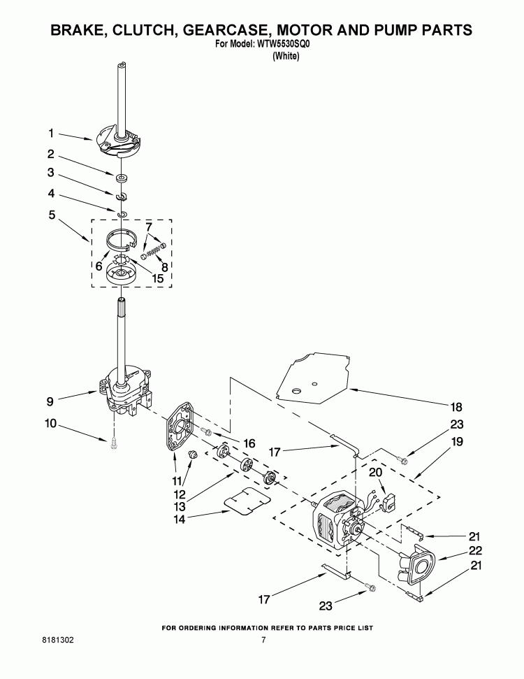 BRAKE CLUTCH GEARCASE MOTOR AND PUMP PARTS Diagram and Parts List for WTW5530SQ0  Whirlpool Washer