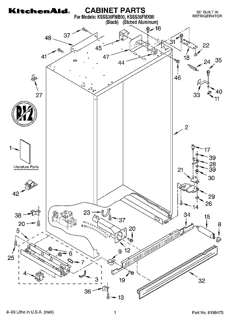CABINET PARTS Diagram and Parts List for KSSS36FMX00  KitchenAid Refrigerator