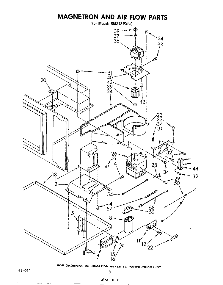 MAGNETRON AND AIRFLOW Diagram and Parts List for RM278PXL0  Whirlpool Microwave Oven Combo