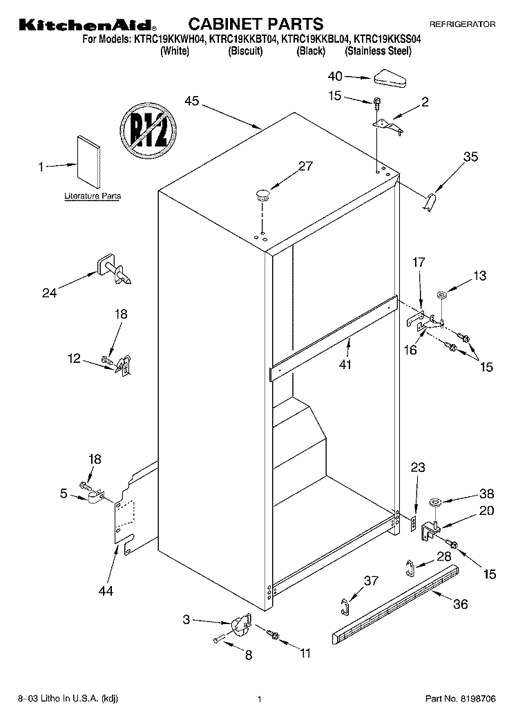 CABINET PARTS Diagram and Parts List for KTRC19KKWH04  KitchenAid Refrigerator