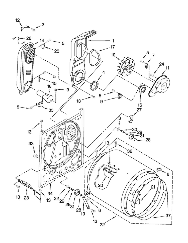 Bulkhead Parts Diagram and Parts List for 7MWGD1602AW0  Whirlpool Dryer