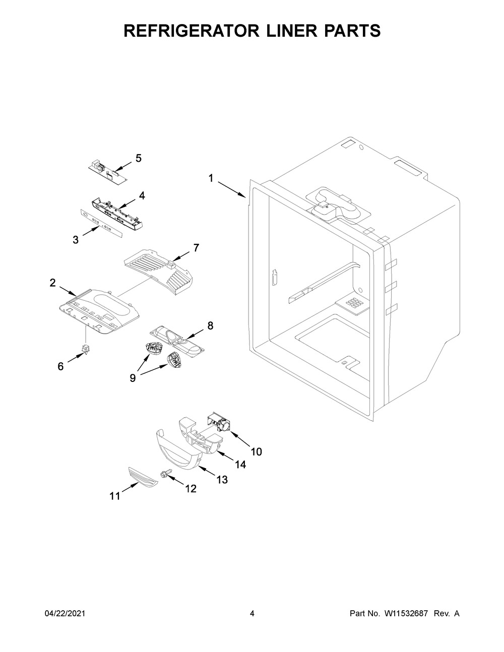 Refrigerator Liner Parts Diagram and Parts List for WRB329DMBB03  Whirlpool Refrigerator