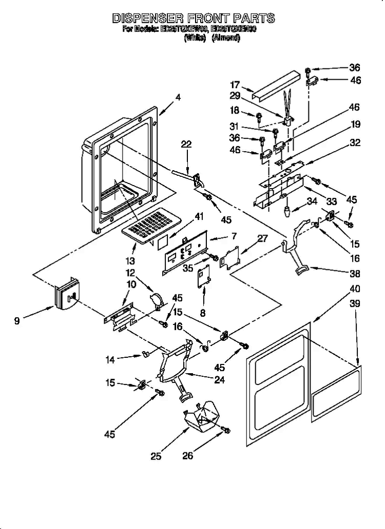 Diepenser Front Diagram and Parts List for 824421985  Whirlpool Refrigerator
