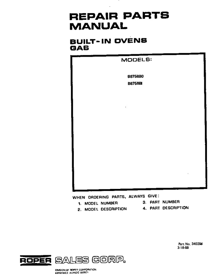 Front Cover Diagram and Parts List for B8758B1  Roper Wall Oven