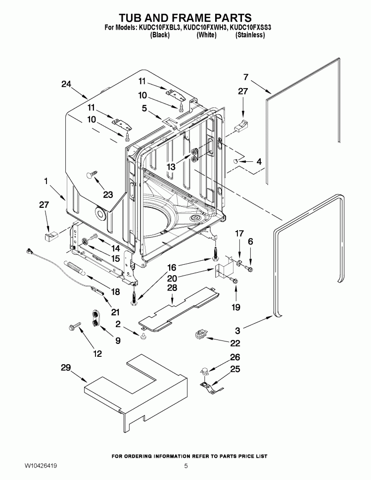 TUB AND FRAME PARTS Diagram and Parts List for KUDC10FXSS3  KitchenAid Dishwasher
