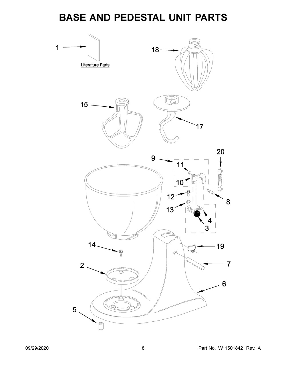 Base And Pedestal Unit Parts Diagram and Parts List for 5K45SSPWH0  Whirlpool Mixer