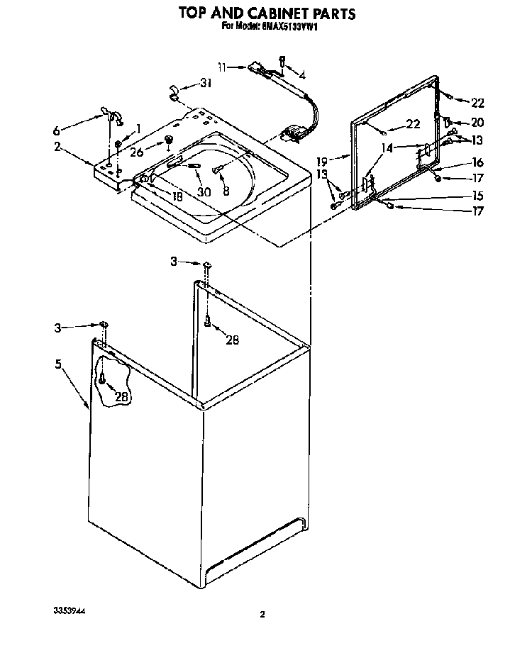 Top And Cabinet Diagram and Parts List for 6MAX5133VW1  Whirlpool Washer