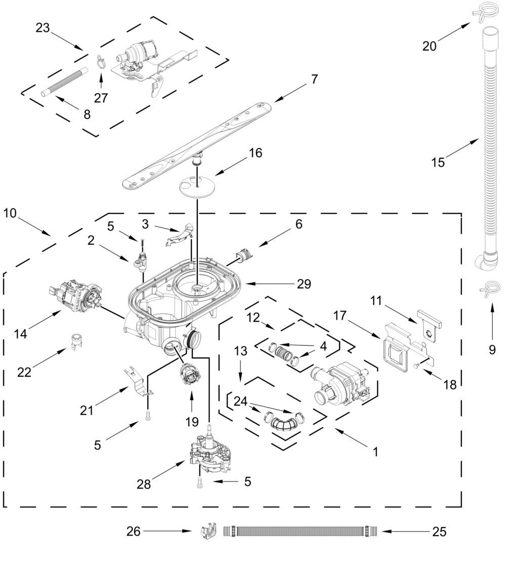 Pump, Washarm And Motor Parts Diagram and Parts List for MDFS3924RZ3  Whirlpool Dishwasher