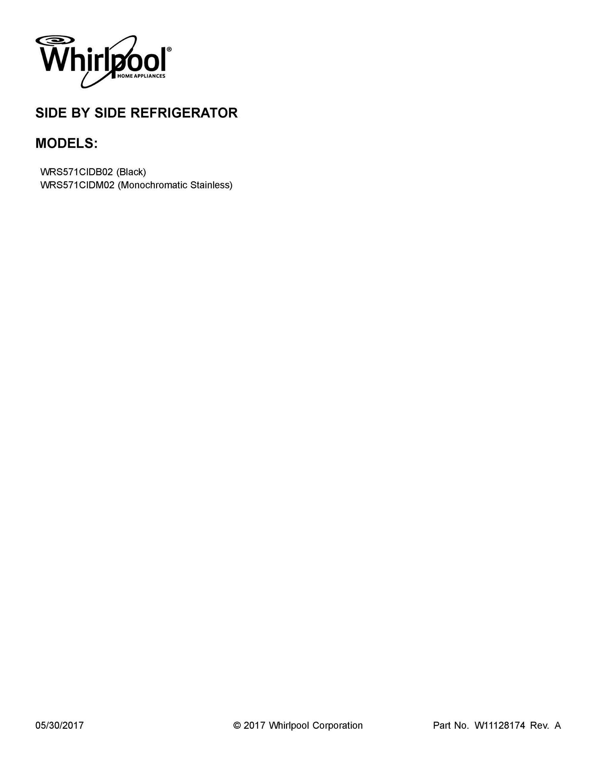 01 - COVER SHEET Diagram and Parts List for WRS571CIDB02  Whirlpool Refrigerator