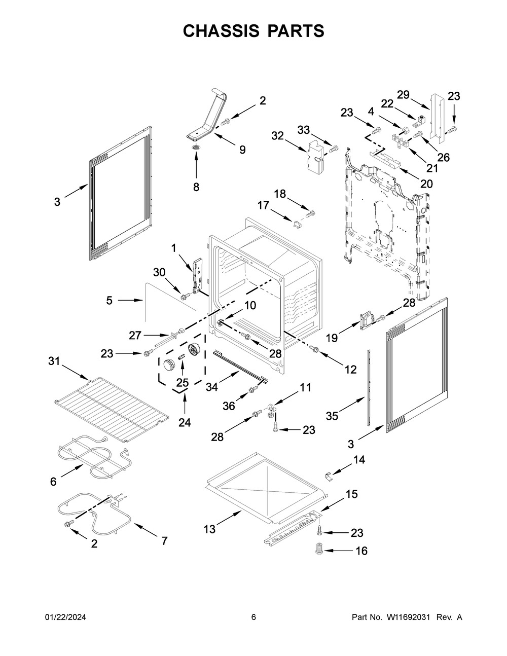 Chassis Parts Diagram and Parts List for WFE320M0JB4  Whirlpool Range