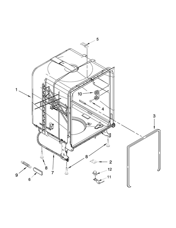 Tub And Frame Parts Diagram and Parts List for WDP350PAAB3  Whirlpool Dishwasher