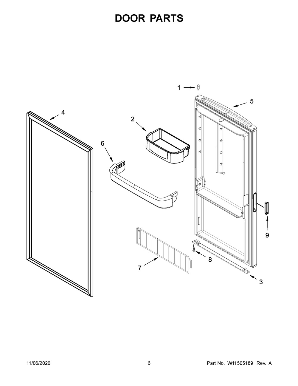Door Parts Diagram and Parts List for GAFZ30FDGB02  Whirlpool Wine and Beverage Cooler