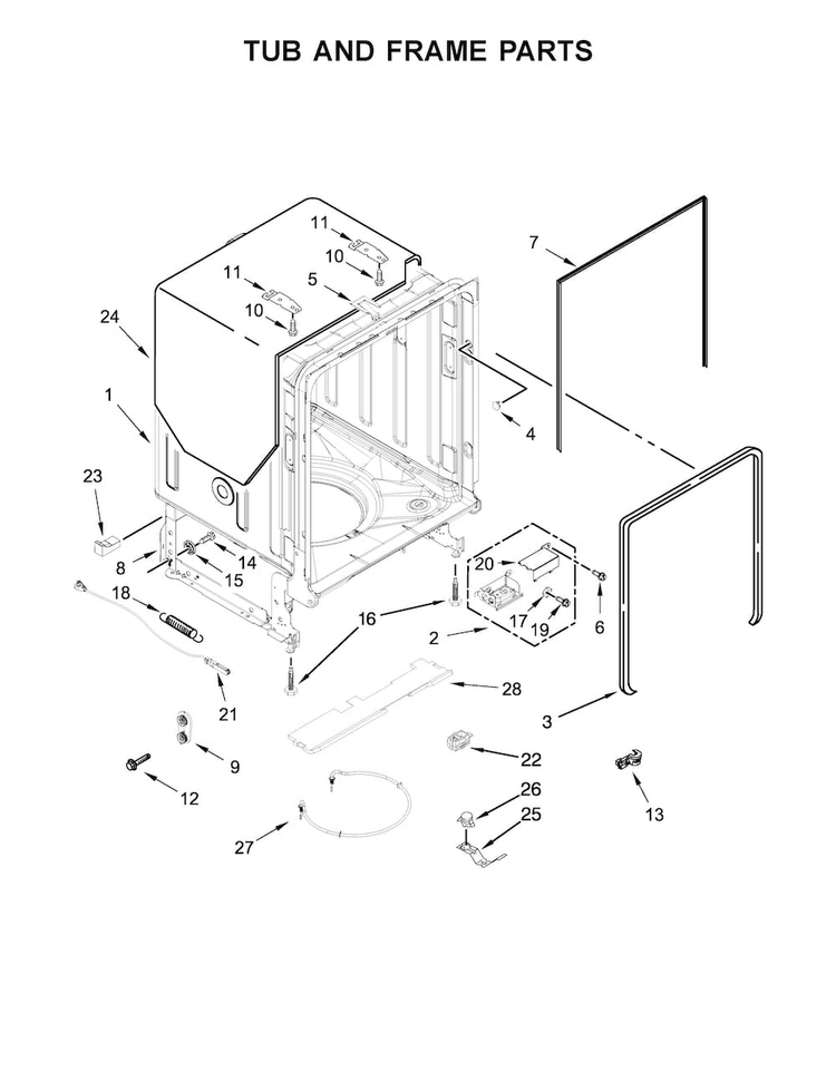 Tub And Frame Parts Diagram and Parts List for KDTE104EBS4  KitchenAid Dishwasher