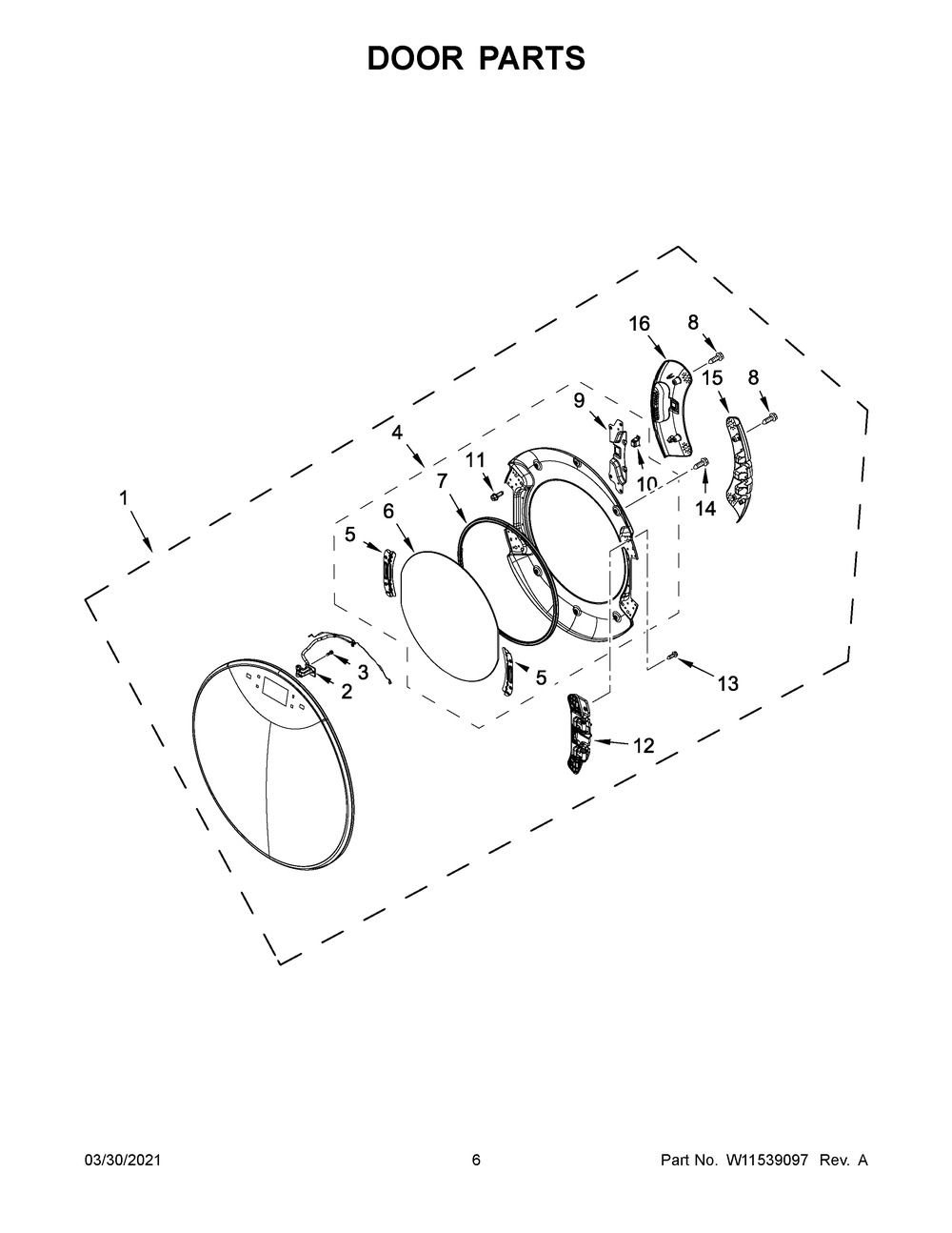 Door Parts Diagram and Parts List for WGD9620HBK3  Whirlpool Dryer
